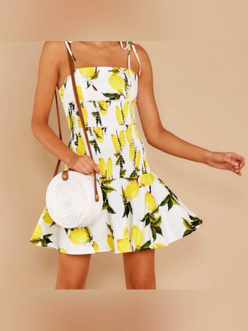 English Factory Lemon Tie Shoulder Shirred Dress